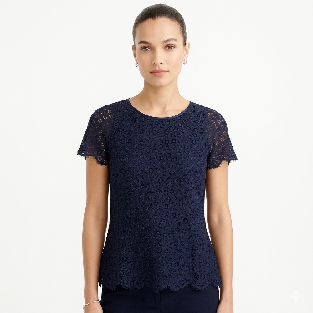 2/$30 - J. Crew‎ Navy Eyelet Lace Short-Sleeve Top Women’s 6